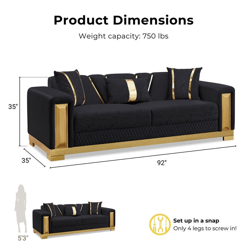 Bowery Hill 2-Piece Sofa Set with Curved Track Arms in Black Damask