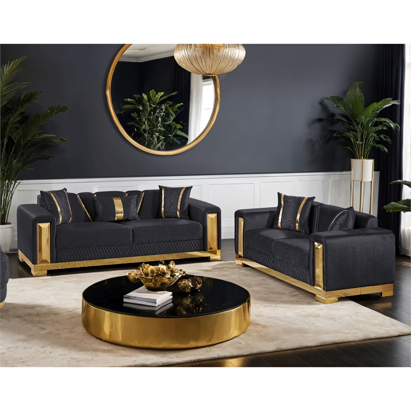 Bowery Hill 2-Piece Sofa Set with Curved Track Arms in Black Damask