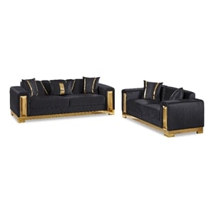Bowery Hill 2-Piece Sofa Set with Curved Track Arms in Black Damask