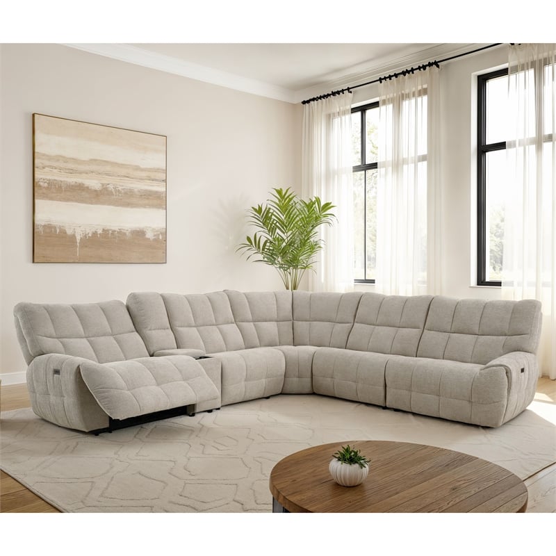 Bowery Hill Chenille L-Shaped Power Sectional with USB Ports in Beige