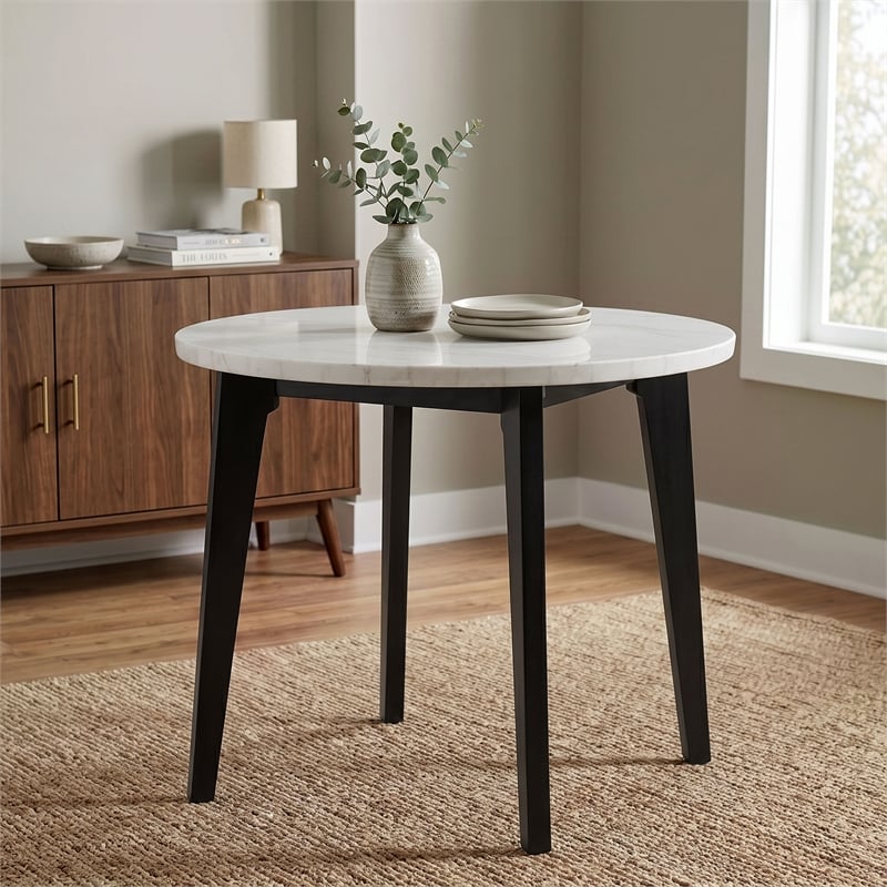 Bowery Hill Round Counter Dining Table with Marble Top in Black and White