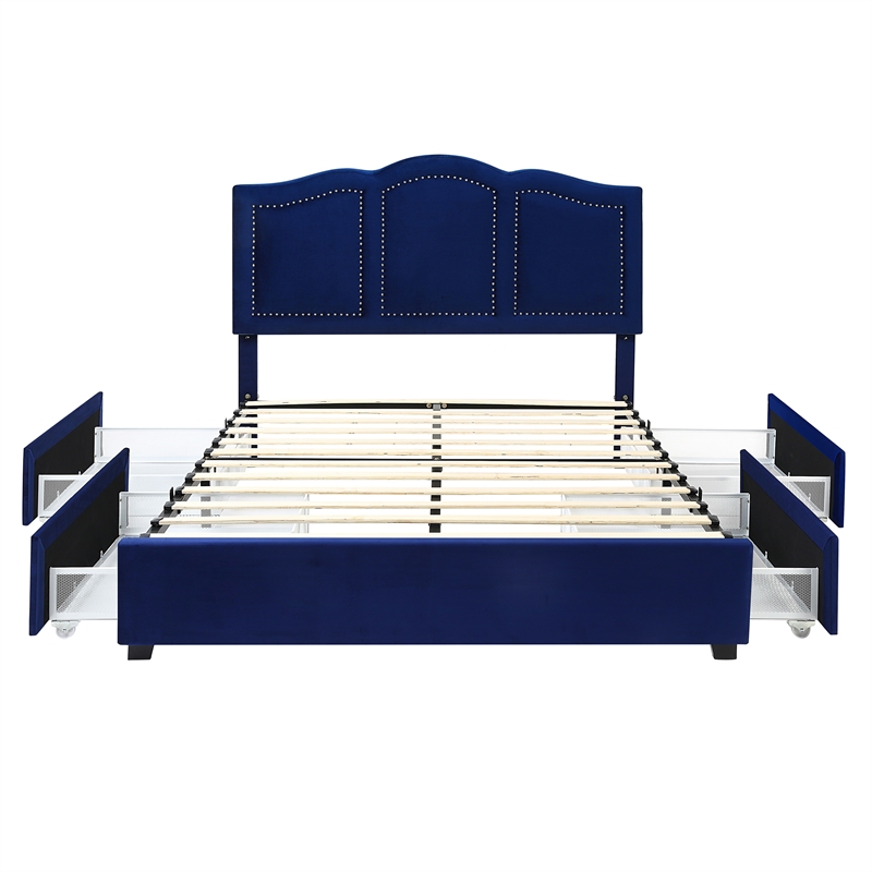 Bowery Hill Full Storage Bed Upholstered in Navy Fabric with 4 Drawers