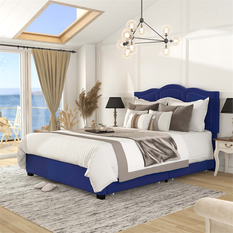 Bowery Hill Full Storage Bed Upholstered in Navy Fabric with 4 Drawers