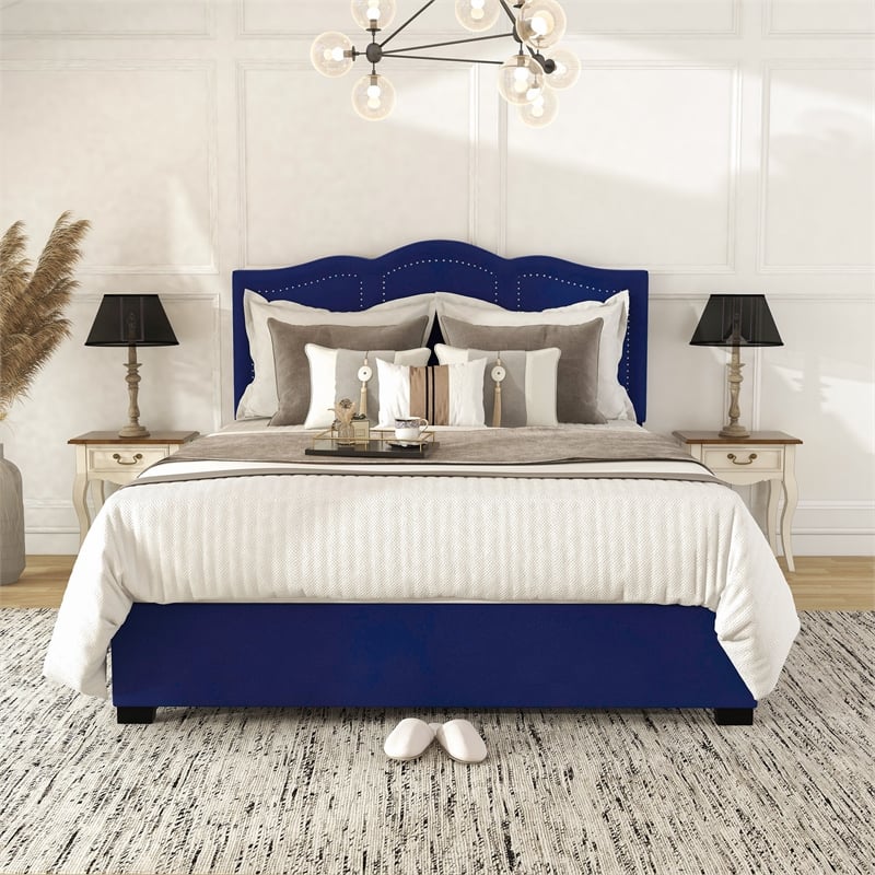 Bowery Hill Full Storage Bed Upholstered in Navy Fabric with 4 Drawers