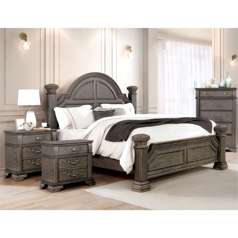 Bowery Hill 3pc Gray Wood Bedroom Set-Queen Bed with Nightstands
