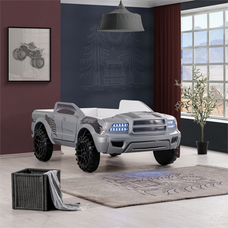 Bowery Hill Off-Road Truck Twin Bed with LED Headlights in Gray Wood