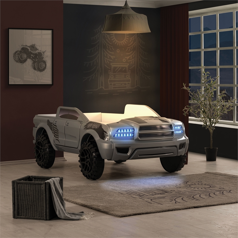 Bowery Hill Off-Road Truck Twin Bed with LED Headlights in Gray Wood