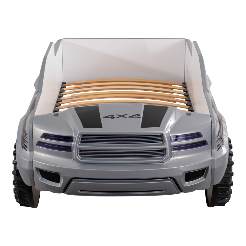 Bowery Hill Off-Road Truck Twin Bed with LED Headlights in Gray Wood