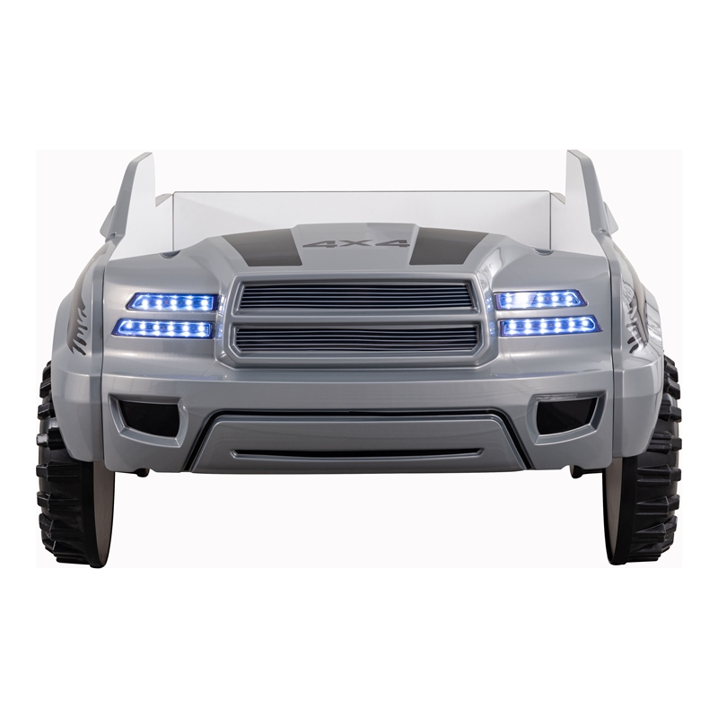 Bowery Hill Off-Road Truck Twin Bed with LED Headlights in Gray Wood