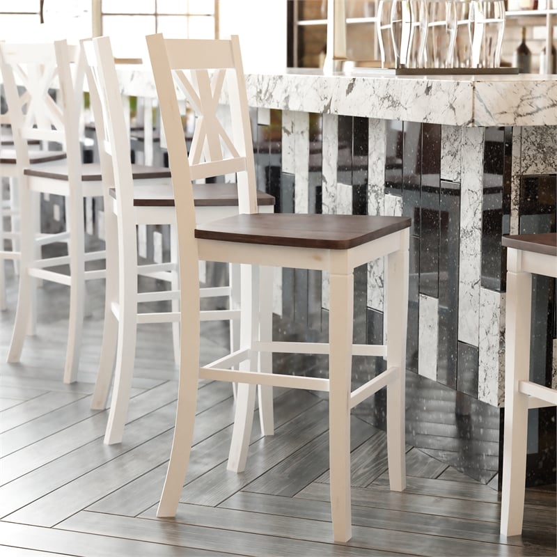 Bowery Hill Set of 2 Antique White Wash Wood Bar Stools with Cross Back