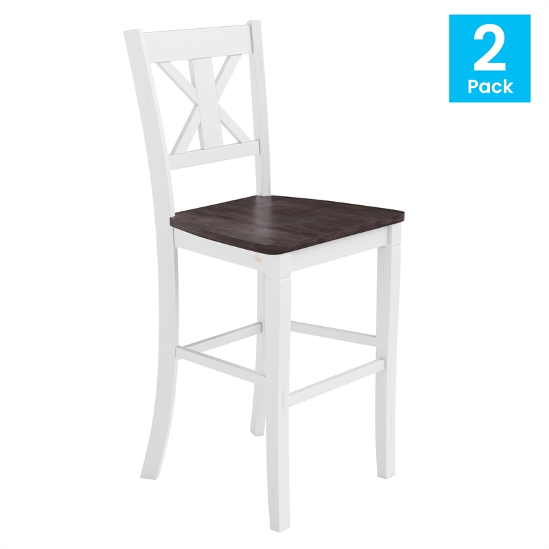 Bowery Hill Set of 2 Antique White Wash Wood Bar Stools with Cross Back