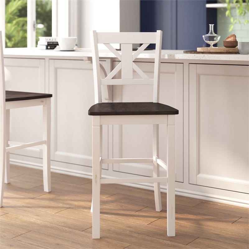 Bowery Hill Set of 2 Antique White Wash Wood Bar Stools with Cross Back