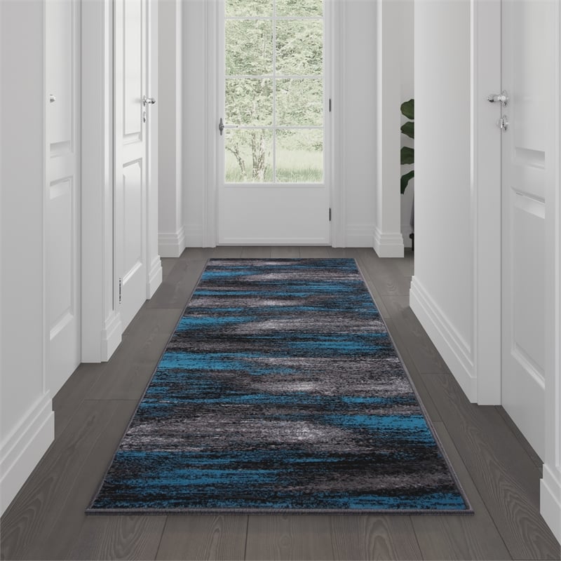 Bowery Hill 24x120 in Fabric Abstract Design Area Rug in Blue and Gray