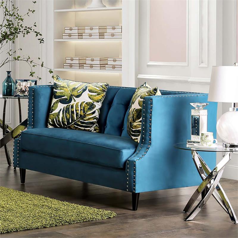 Bowery Hill Transitional Tufted Loveseat in Dark Teal Blue Fabric