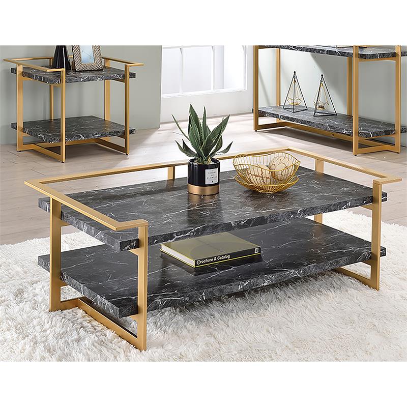 Bowery Hill 2-Piece Metal Coffee Table Set in Gold Finish with Black Tops