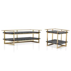 Bowery Hill 2-Piece Metal Coffee Table Set in Gold Finish with Black Tops