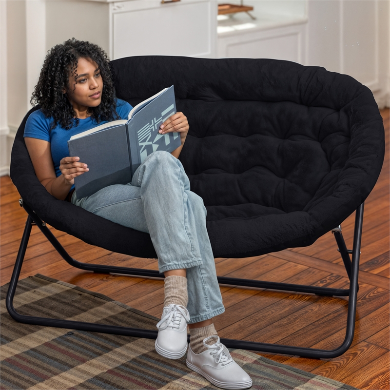 Bowery Hill Folding Faux Fur Double Saucer Chair in Black Upholstery