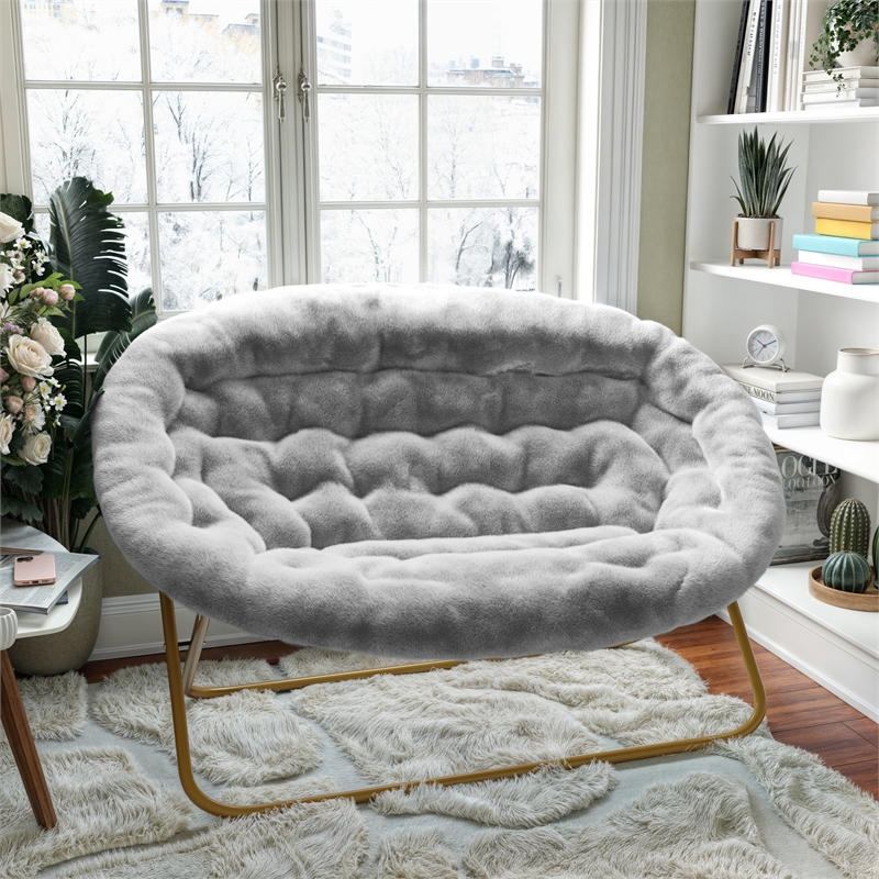 Bowery Hill Folding Double Saucer Chair in Gray Faux Fur with Gold Frame