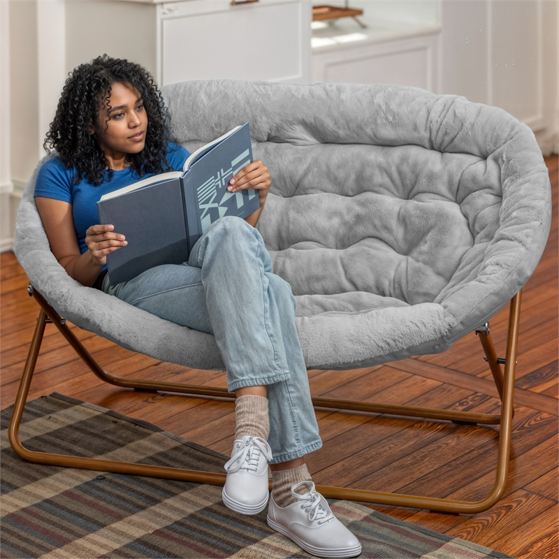 Bowery Hill Folding Double Saucer Chair in Gray Faux Fur with Gold Frame