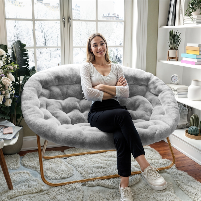 Bowery Hill Folding Double Saucer Chair in Gray Faux Fur with Gold Frame
