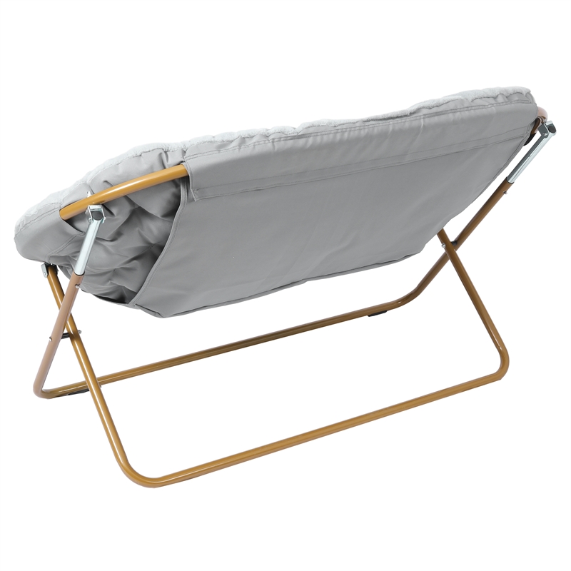 Bowery Hill Folding Double Saucer Chair in Gray Faux Fur with Gold Frame