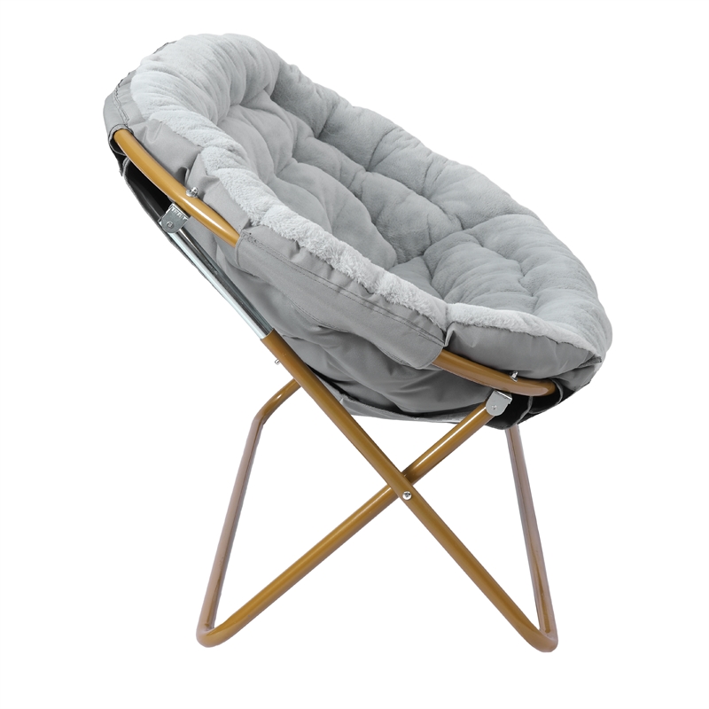 Bowery Hill Folding Double Saucer Chair in Gray Faux Fur with Gold Frame