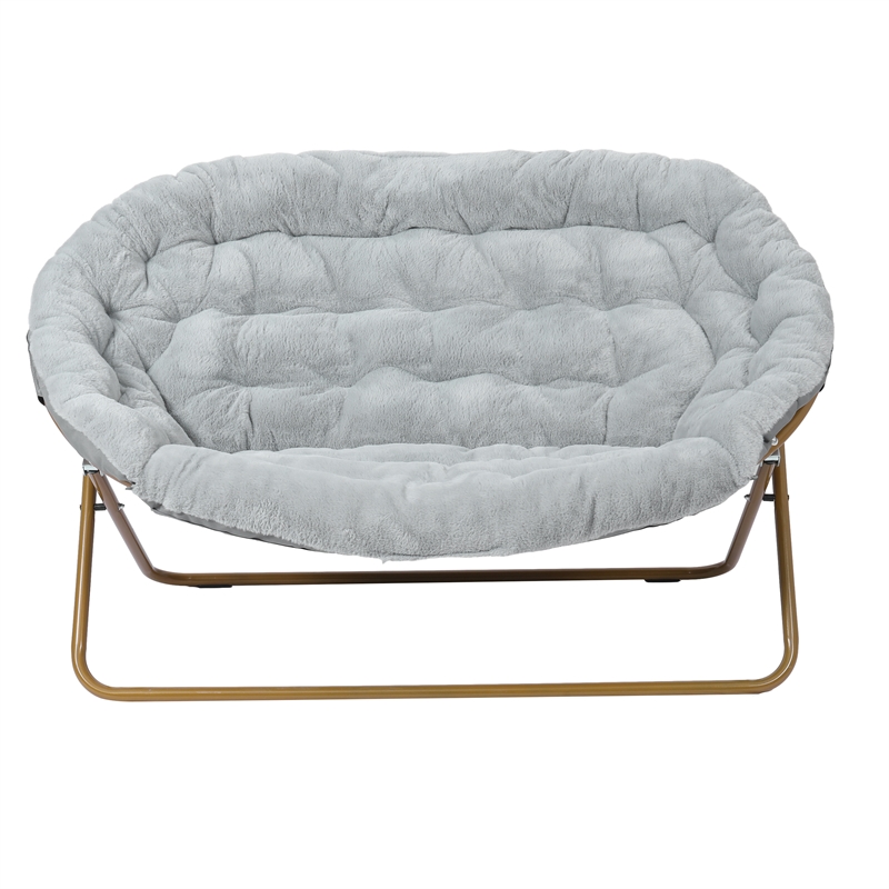 Bowery Hill Folding Double Saucer Chair in Gray Faux Fur with Gold Frame