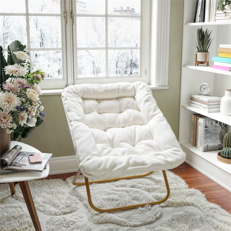 Bowery Hill Oversized Folding Saucer Chair in Ivory Faux Shearling