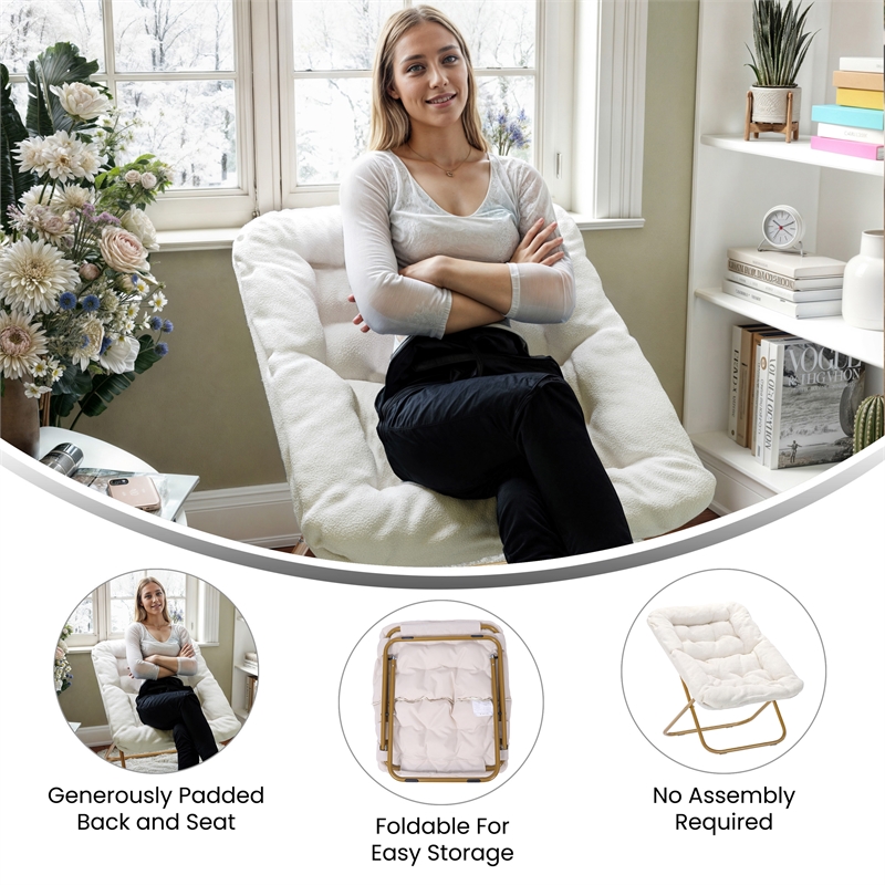 Bowery Hill Oversized Folding Saucer Chair in Ivory Faux Shearling
