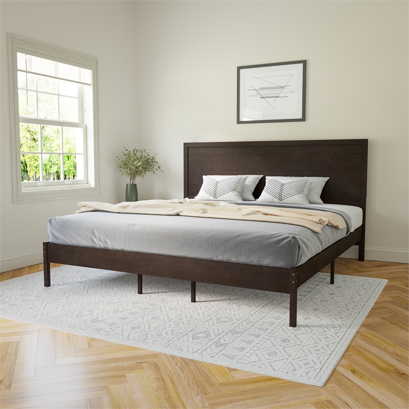 Bowery Hill King Size Wooden Platform Bed with Headboard in Dark Brown