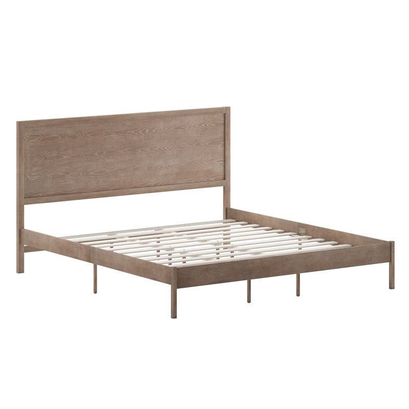Bowery Hill King Platform Bed with Wooden Slats and Headboard in Light Brown