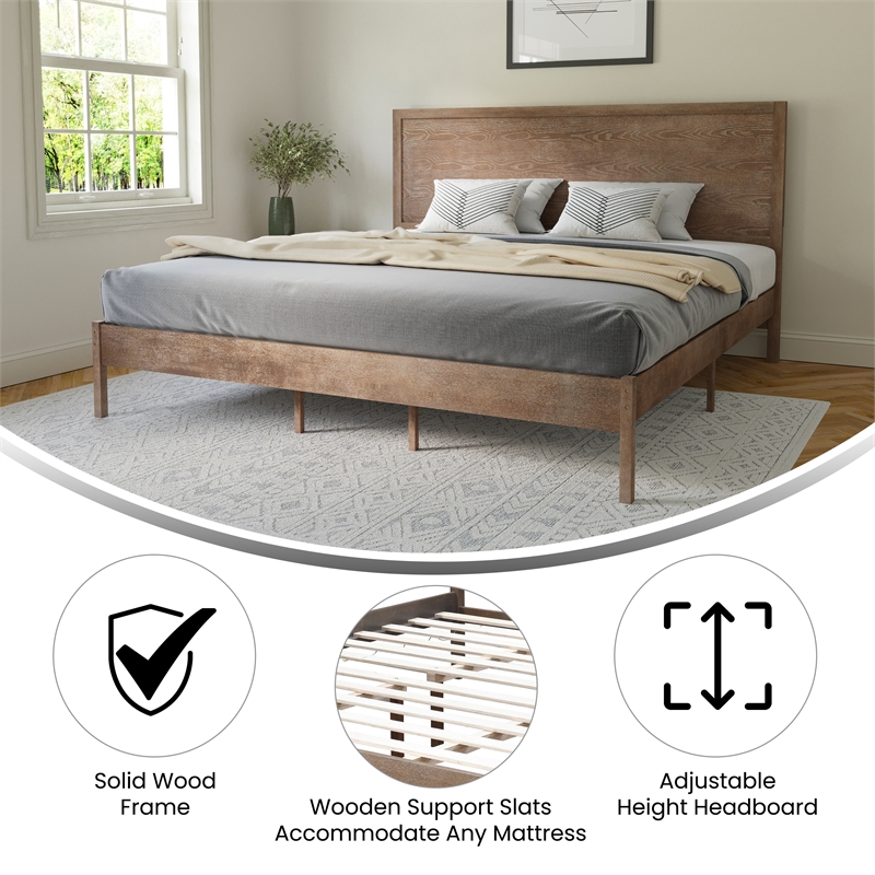 Bowery Hill King Platform Bed with Wooden Slats and Headboard in Light Brown