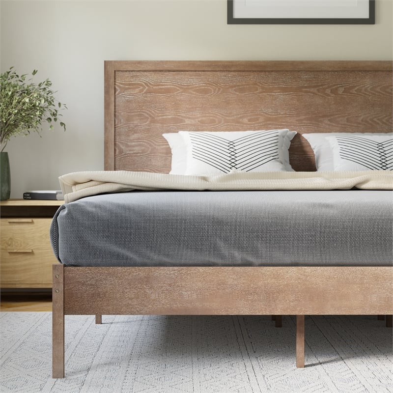 Bowery Hill King Platform Bed with Wooden Slats and Headboard in Light Brown