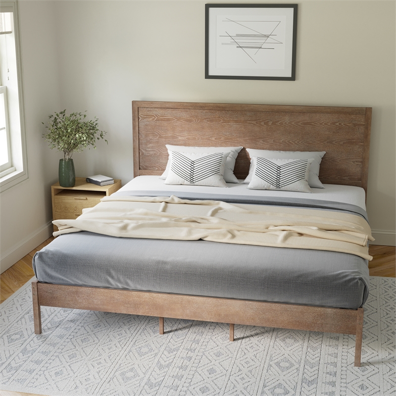 Bowery Hill King Platform Bed with Wooden Slats and Headboard in Light Brown