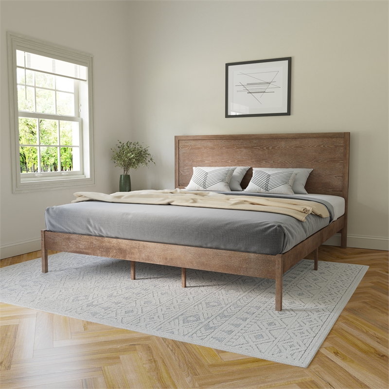 Bowery Hill King Platform Bed with Wooden Slats and Headboard in Light Brown
