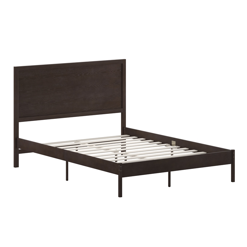 Bowery Hill Queen Wooden Platform Bed with Headboard in Dark Brown Finish