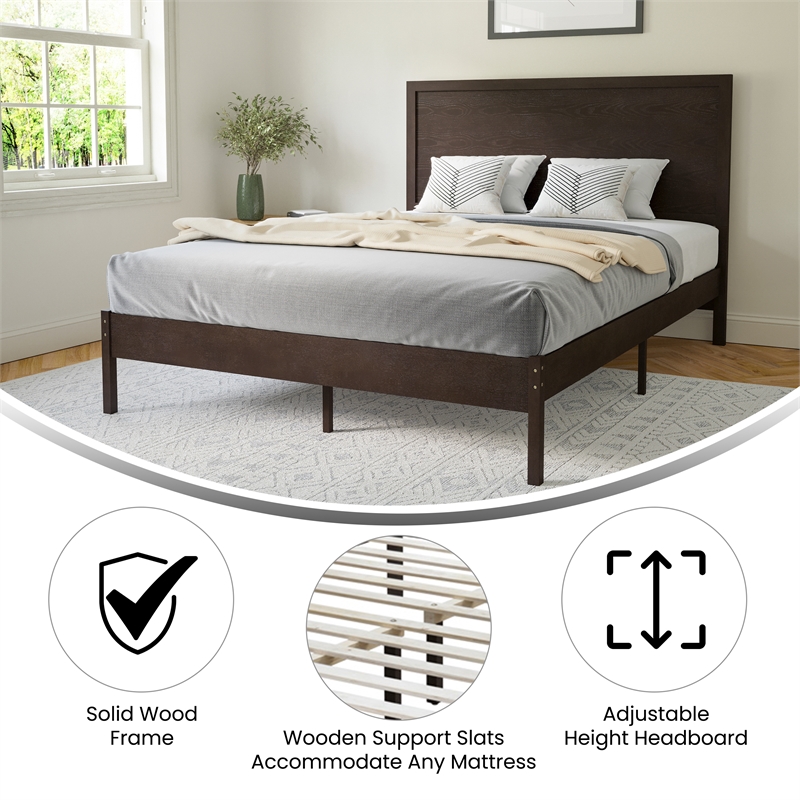 Bowery Hill Queen Wooden Platform Bed with Headboard in Dark Brown Finish