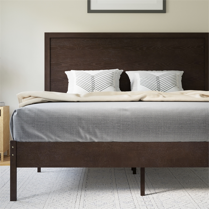 Bowery Hill Queen Wooden Platform Bed with Headboard in Dark Brown Finish