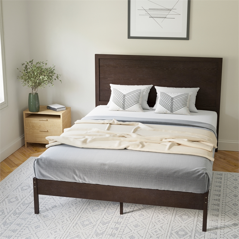 Bowery Hill Queen Wooden Platform Bed with Headboard in Dark Brown Finish