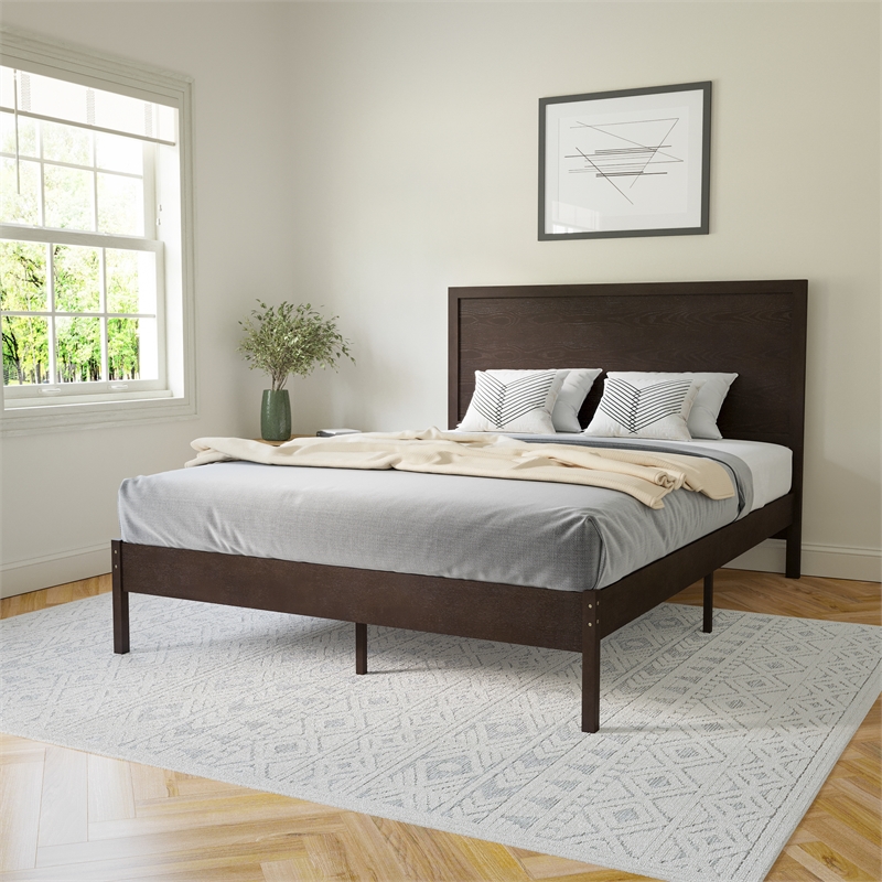 Bowery Hill Queen Wooden Platform Bed with Headboard in Dark Brown Finish