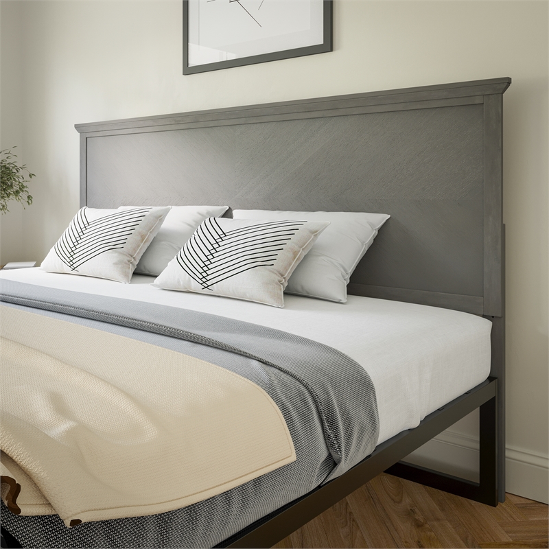Bowery Hill King Size Wooden Herringbone Headboard in Gray Wash