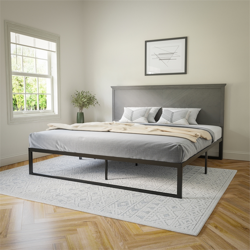 Bowery Hill King Size Wooden Herringbone Headboard in Gray Wash