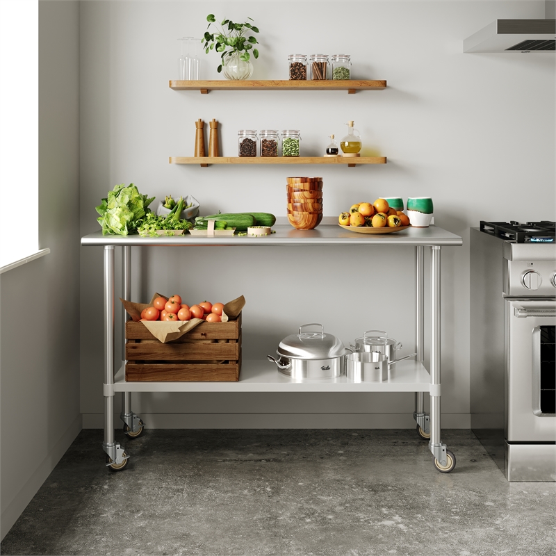 Bowery Hill Stainless Steel Work Table with Undershelf and Casters 24x60