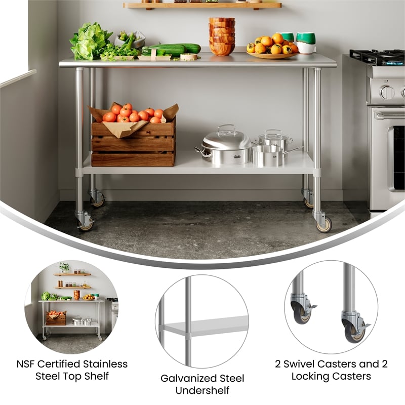 Bowery Hill Stainless Steel Work Table with Undershelf and Casters 24x60