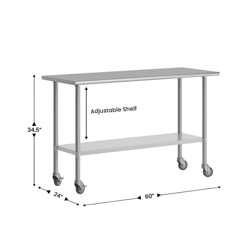 Bowery Hill Stainless Steel Work Table with Undershelf and Casters 24x60