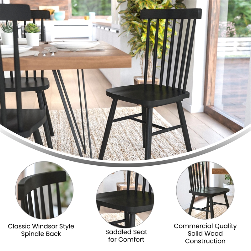 Bowery Hill 2 Pack Solid Wood Windsor Dining Chairs in Black with Spindle Backs