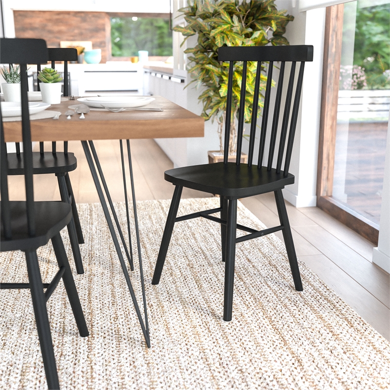Bowery Hill 2 Pack Solid Wood Windsor Dining Chairs in Black with Spindle Backs