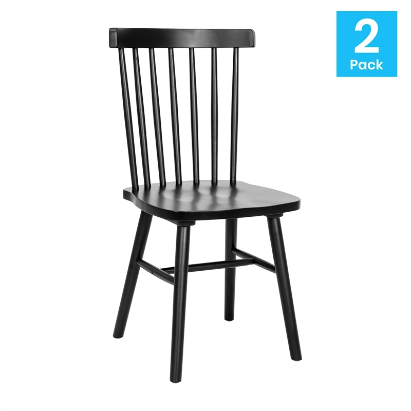 Bowery Hill 2 Pack Solid Wood Windsor Dining Chairs in Black with Spindle Backs