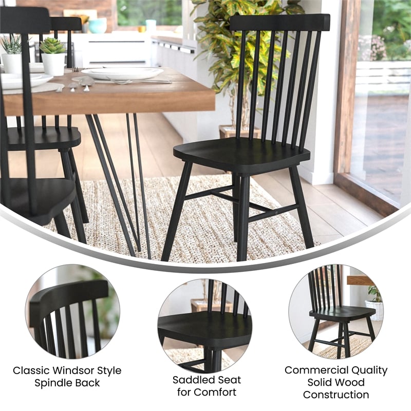 Bowery Hill 2 Pack Solid Wood Windsor Dining Chairs in Black with Spindle Backs
