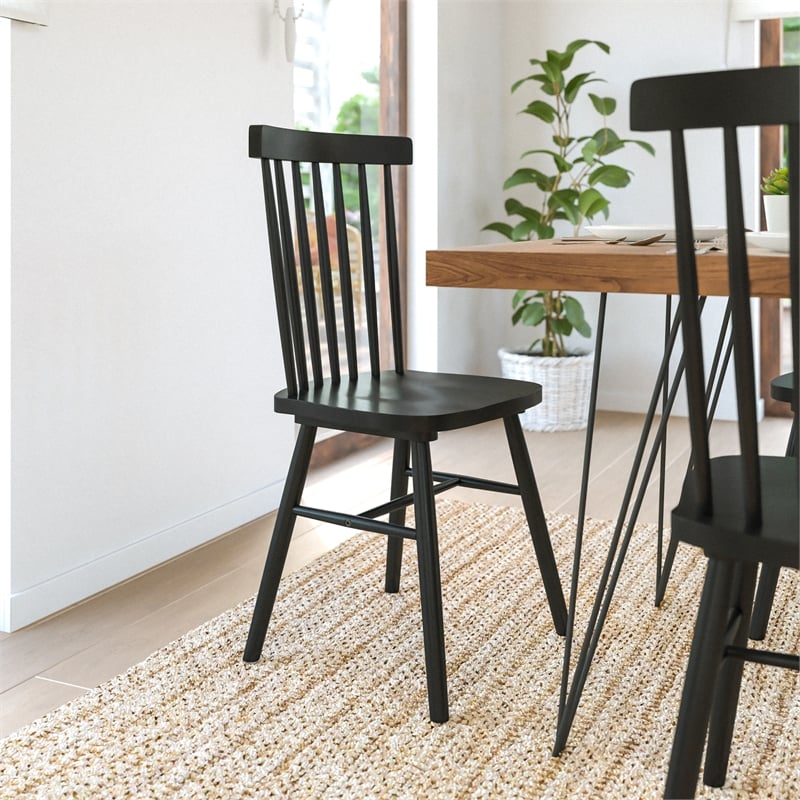 Bowery Hill 2 Pack Solid Wood Windsor Dining Chairs in Black with Spindle Backs
